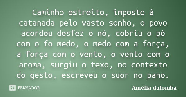 Caminho estreito, imposto à catanada pelo vasto sonho, o povo acordou desfez o nó, cobriu o pó com o fo medo, o medo com a força, a força com o vento, o vento c... Frase de Amélia dalomba.