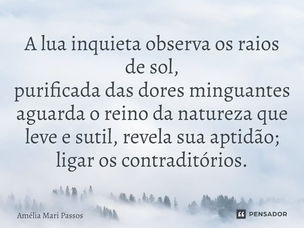 ⁠A lua inquieta observa os raios de sol, purificada das dores minguantes aguarda o reino da natureza que leve e sutil, revela sua aptidão; ligar os contraditóri... Frase de Amelia Mari Passos.