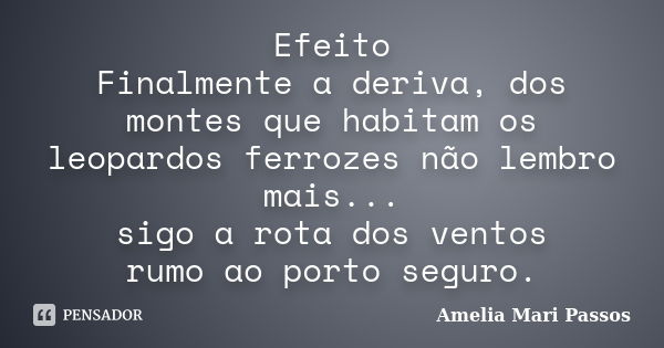 Efeito Finalmente a deriva, dos montes que habitam os leopardos ferrozes não lembro mais... sigo a rota dos ventos rumo ao porto seguro.... Frase de Amelia Mari Passos.