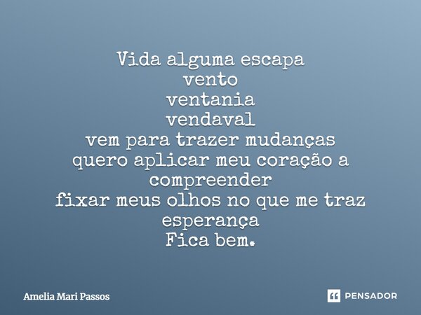 ⁠Vida alguma escapa vento ventania vendaval vem para trazer mudanças quero aplicar meu coração a compreender fixar meus olhos no que me traz esperança Fica bem.... Frase de Amelia Mari Passos.