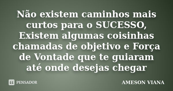 Não existem caminhos mais curtos para o SUCESSO, Existem algumas coisinhas chamadas de objetivo e Força de Vontade que te guiaram até onde desejas chegar... Frase de AMESON VIANA.