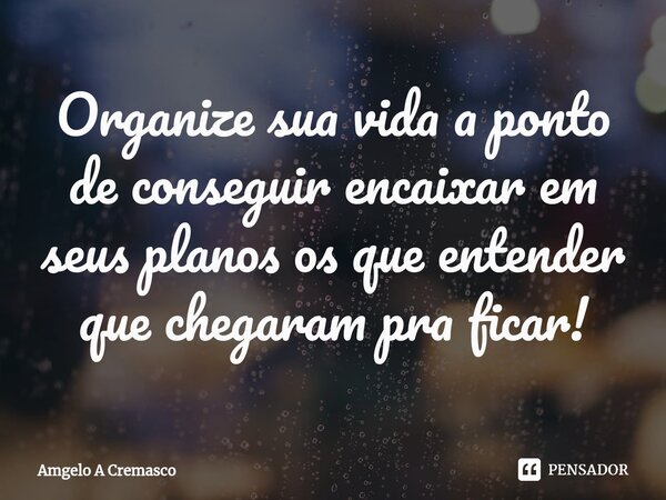 Organize sua vida a ponto de conseguir encaixar em seus planos os que entender que chegaram pra ficar!... Frase de Amgelo A Cremasco.