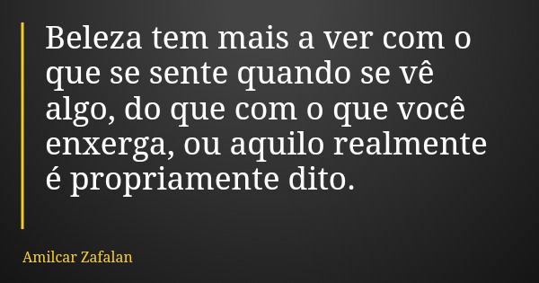 Beleza tem mais a ver com o que se sente quando se vê algo, do que com o que você enxerga, ou aquilo realmente é propriamente dito.... Frase de Amilcar Zafalan.