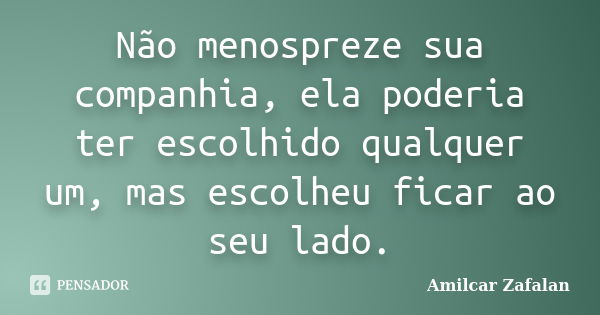 Não menospreze sua companhia, ela poderia ter escolhido qualquer um, mas escolheu ficar ao seu lado.... Frase de Amilcar Zafalan.