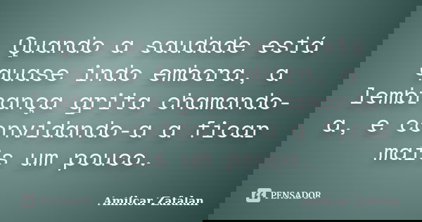 Quando a saudade está quase indo embora, a lembrança grita chamando-a, e convidando-a a ficar mais um pouco.... Frase de Amilcar Zafalan.