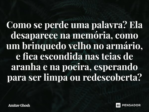 ⁠Como se perde uma palavra? Ela desaparece na memória, como um brinquedo velho no armário, e fica escondida nas teias de aranha e na poeira, esperando para ser ... Frase de Amitav Ghosh.
