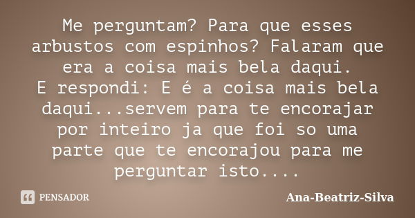 Me perguntam? Para que esses arbustos com espinhos? Falaram que era a coisa mais bela daqui. E respondi: E é a coisa mais bela daqui...servem para te encorajar ... Frase de Ana-Beatriz-Silva.