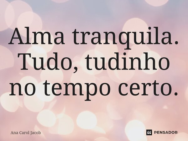 ⁠Alma tranquila. Tudo, tudinho no tempo certo.... Frase de Ana Carol Jacob.