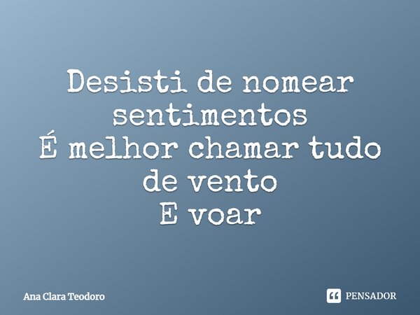 ⁠Desisti de nomear sentimentos
É melhor chamar tudo de vento
E voar... Frase de Ana Clara Teodoro.