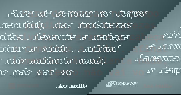 Pare de pensar no tempo perdido, nas tristezas vividas..levante a cabeça e continue a vida...afinal lamentar não adianta nada, o tempo não vai vo... Frase de Ana emilia.