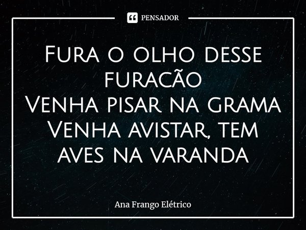 ⁠Fura o olho desse furacão
Venha pisar na grama
Venha avistar, tem aves na varanda... Frase de Ana Frango Elétrico.