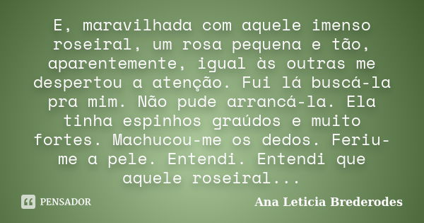 E, maravilhada com aquele imenso roseiral, um rosa pequena e tão, aparentemente, igual às outras me despertou a atenção. Fui lá buscá-la pra mim. Não pude arran... Frase de Ana Letícia Brederodes.