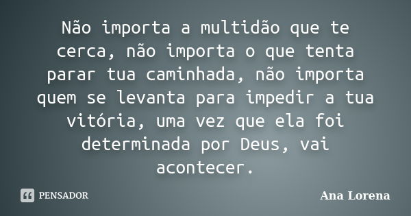 Não importa a multidão que te cerca, não importa o que tenta parar tua caminhada, não importa quem se levanta para impedir a tua vitória, uma vez que ela foi de... Frase de Ana Lorena.