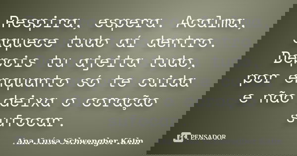 Respira, espera. Acalma, aquece tudo aí dentro. Depois tu ajeita tudo, por enquanto só te cuida e não deixa o coração sufocar.... Frase de Ana Luísa Schwengber Kelm.