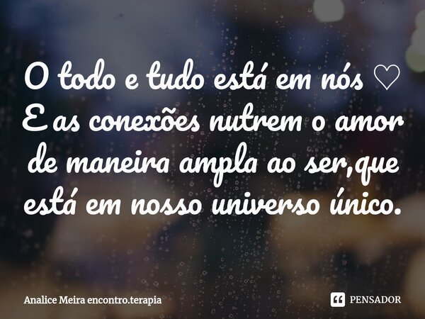 ⁠O todo e tudo está em nós ♡ E as conexões nutrem o amor de maneira ampla ao ser,que está em nosso universo único.... Frase de Analice Meira.