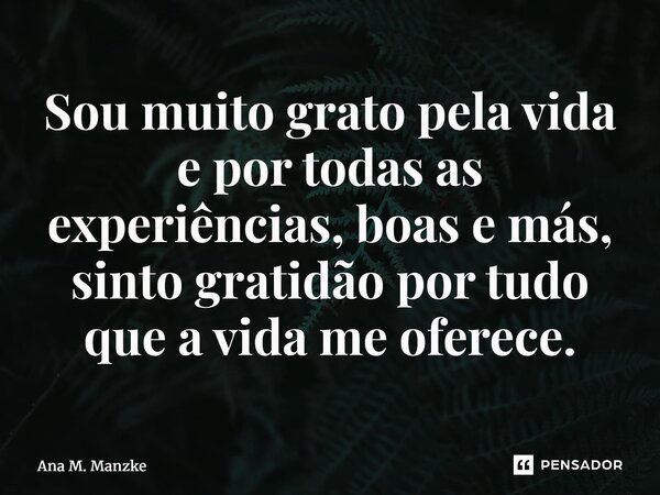 Sou muito grato pela vida e por todas as experiências, boas e más, sinto gratidão por tudo que a vida me oferece.... Frase de Ana M. Manzke.