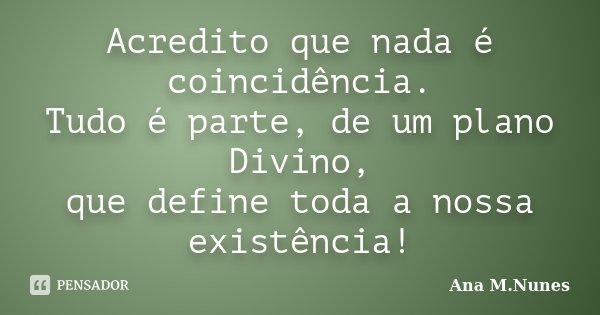 Acredito que nada é coincidência. Tudo é parte, de um plano Divino, que define toda a nossa existência!... Frase de Ana M.Nunes.