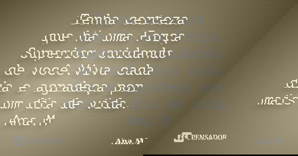 Tenha certeza que há uma Força Superior cuidando de você.Viva cada dia e agradeça por mais um dia de vida. Ana.M... Frase de Ana.M.