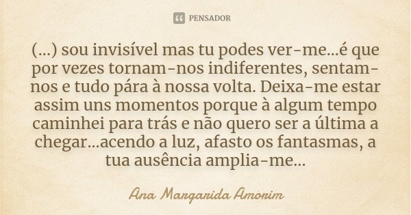 (...) sou invisível mas tu podes ver-me...é que por vezes tornam-nos indiferentes, sentam-nos e tudo pára à nossa volta. Deixa-me estar assim uns momentos porqu... Frase de Ana Margarida Amorim.
