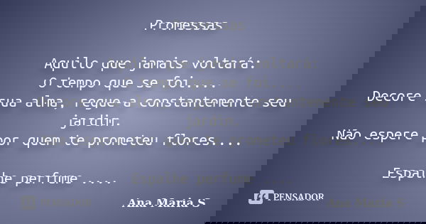 Promessas Aquilo que jamais voltará: O tempo que se foi.... Decore sua alma, regue-a constantemente seu jardim. Não espere por quem te prometeu flores.... Espal... Frase de Ana Maria S.