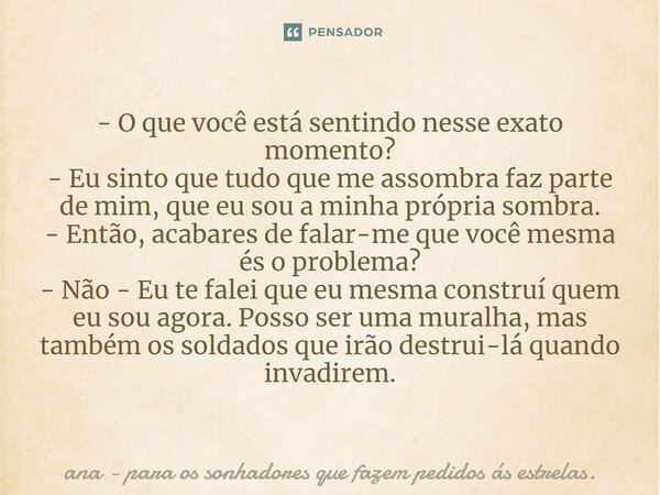 ⁠- O que você está sentindo nesse exato momento? - Eu sinto que tudo que me assombra faz parte de mim, que eu sou a minha própria sombra. - Então, acabares de f... Frase de ana - para os sonhadores que fazem pedidos ás estrelas..