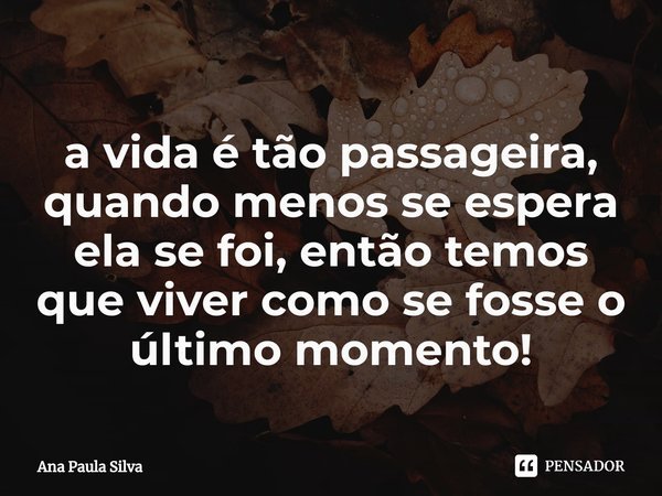 ⁠a vida é tão passageira, quando menos se espera ela se foi, então temos que viver como se fosse o último momento!... Frase de Ana Paula Silva.
