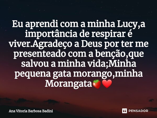 ⁠Eu aprendi com a minha Lucy,a importância de respirar é viver.Agradeço a Deus por ter me presenteado com a benção,que salvou a minha vida;Minha pequena gata mo... Frase de Ana Vitória Barbosa Badini.