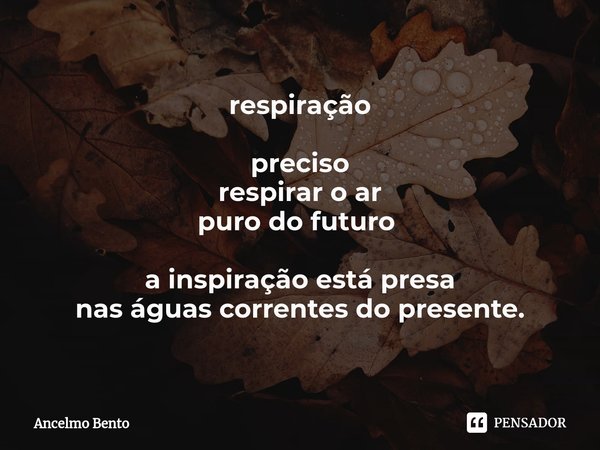 respiração preciso
respirar o ar
puro do futuro ⁠ a inspiração está presa
nas águas correntes do presente.... Frase de Ancelmo Bento.