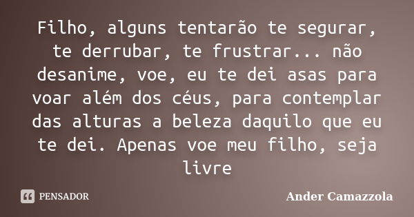 Filho, alguns tentarão te segurar, te derrubar, te frustrar... não desanime, voe, eu te dei asas para voar além dos céus, para contemplar das alturas a beleza d... Frase de Ander Camazzola.