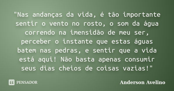 "Nas andanças da vida, é tão importante sentir o vento no rosto, o som da água correndo na imensidão de meu ser, perceber o instante que estas águas batem ... Frase de Anderson Avelino.