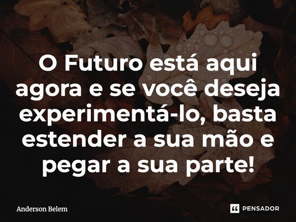 ⁠O Futuro está aqui agora e se você deseja experimentá-lo, basta estender a sua mão e pegar a sua parte!... Frase de Anderson Belem.