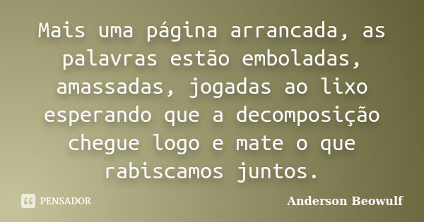 Mais uma página arrancada, as palavras estão emboladas, amassadas, jogadas ao lixo esperando que a decomposição chegue logo e mate o que rabiscamos juntos.... Frase de Anderson Beowulf.