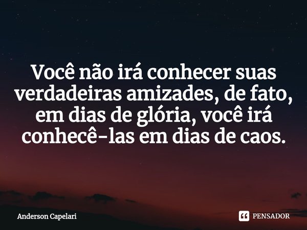 Você não irá conhecer suas verdadeiras amizades, de fato, em dias de glória, você irá conhecê-las em dias de caos.... Frase de Anderson Capelari.