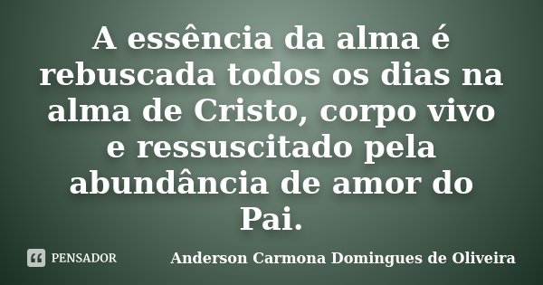 A essência da alma é rebuscada todos os dias na alma de Cristo, corpo vivo e ressuscitado pela abundância de amor do Pai.... Frase de Anderson Carmona Domingues de Oliveira.