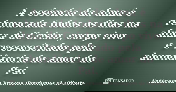A essência da alma é rebuscada todos os dias na alma de Cristo, corpo vivo e ressuscitado pela abundância de amor do Pai.... Frase de Anderson Carmona Domingues de Oliveira.