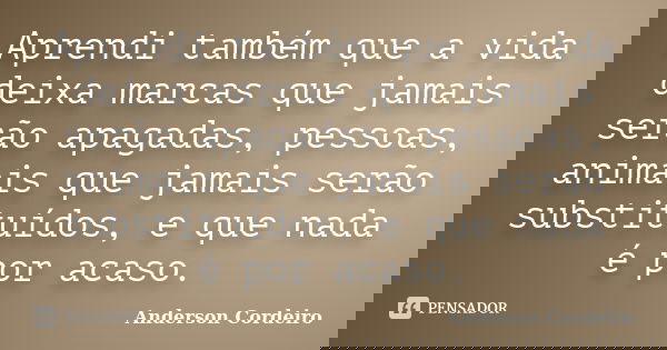 Aprendi também que a vida deixa marcas que jamais serão apagadas, pessoas, animais que jamais serão substituídos, e que nada é por acaso.... Frase de Anderson Cordeiro.