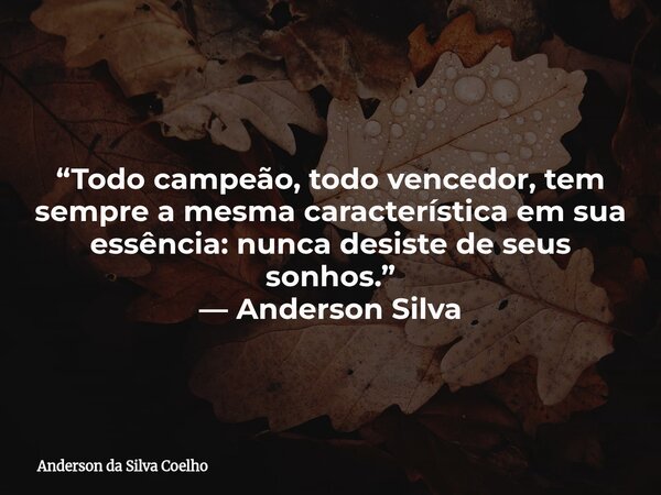 “Todo campeão, todo vencedor, tem sempre a mesma característica em sua essência: nunca desiste de seus sonhos.” — Anderson Silva... Frase de Anderson da Silva Coelho.
