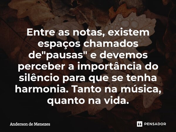 ⁠Entre as notas, existem espaços chamados de "pausas" e devemos perceber a importância do silêncio para que se tenha harmonia. Tanto na música, quanto... Frase de Anderson de Menezes.