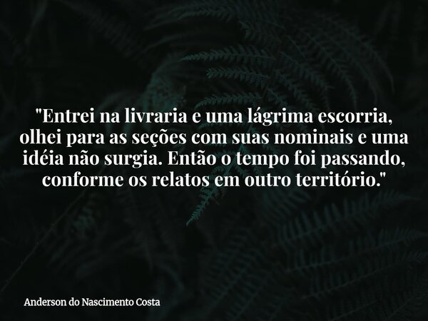 "Entrei na livraria e uma lágrima escorria, olhei para as seções com suas nominais e uma idéia não surgia. Então o tempo foi passando, conforme os relatos ... Frase de Anderson do Nascimento Costa.