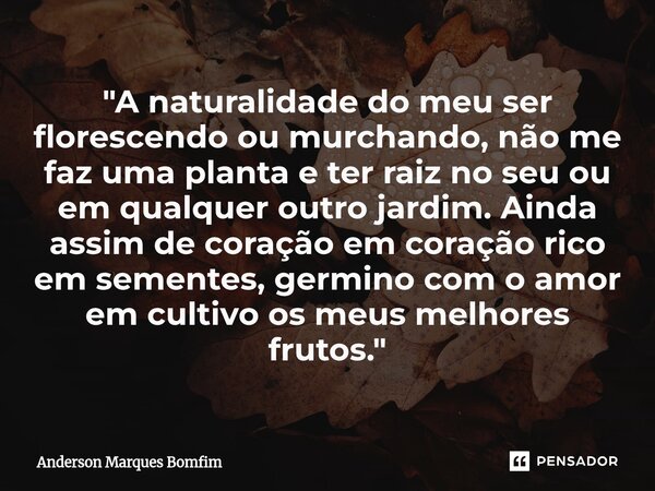 "A naturalidade do meu ser florescendo ou murchando, não me faz uma planta e ter raiz no seu ou em qualquer outro jardim. Ainda assim de coração em coraçã... Frase de Anderson Marques Bomfim.