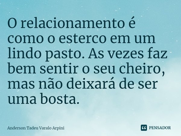 ⁠O relacionamento é como o esterco em um lindo pasto. As vezes faz bem sentir o seu cheiro, mas não deixará de ser uma bosta.... Frase de Anderson Tadeu Varalo Arpini.