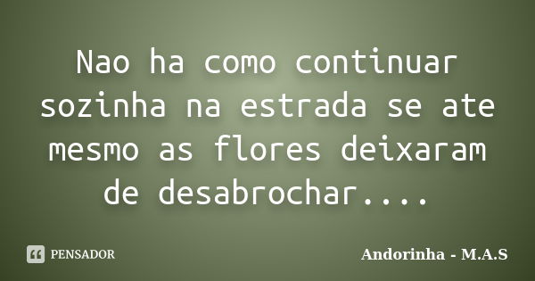 Nao ha como continuar sozinha na estrada se ate mesmo as flores deixaram de desabrochar....... Frase de Andorinha - M.A.S.