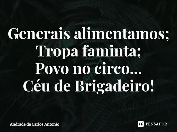 ⁠Generais alimentamos;
Tropa faminta;
Povo no circo...
Céu de Brigadeiro!... Frase de Andrade de Carlos Antonio.