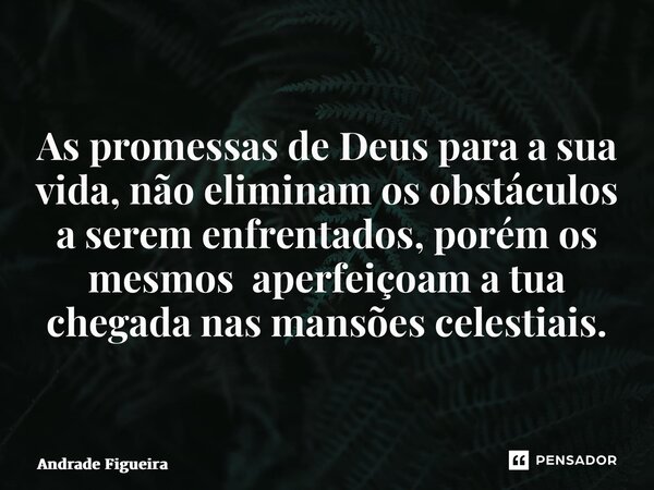 ⁠Tome Nota! As promessas de Deus para a sua vida, não eliminam os obstáculos a serem enfrentados, porém os mesmos aperfeiçoam a tua chegada nas mansões celestia... Frase de Andrade Figueira.