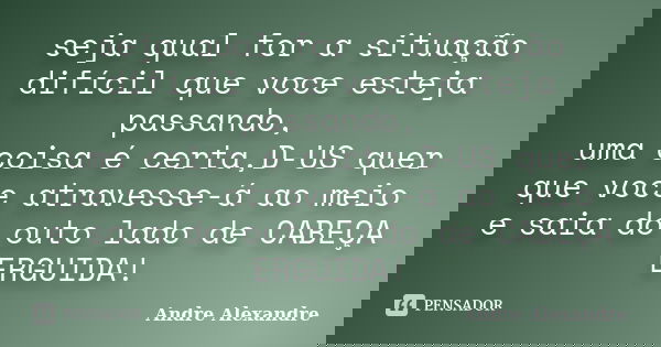 seja qual for a situação difícil que voce esteja passando, uma coisa é certa,D-US quer que voce atravesse-á ao meio e saia do outo lado de CABEÇA ERGUIDA!... Frase de Andre Alexandre.