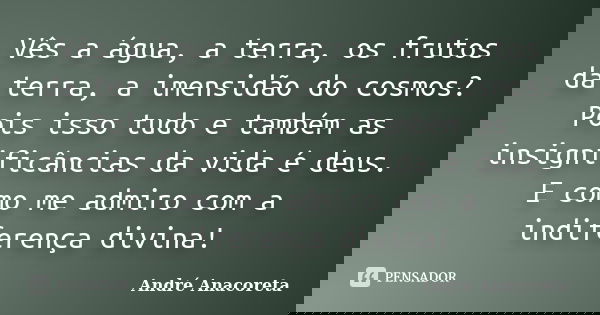 Vês a água, a terra, os frutos da terra, a imensidão do cosmos? Pois isso tudo e também as insignificâncias da vida é deus. E como me admiro com a indiferença d... Frase de André Anacoreta.