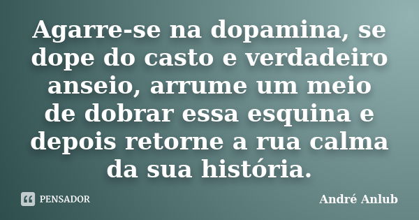 Agarre-se na dopamina, se dope do casto e verdadeiro anseio, arrume um meio de dobrar essa esquina e depois retorne a rua calma da sua história.... Frase de André Anlub.