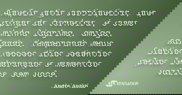 Aquela gota corriqueira, que pinga da torneira, é como minha lágrima, amiga, salgada, temperando meus lábios nesses dias sedentos pelas lembranças e momentos va... Frase de André Anlub.