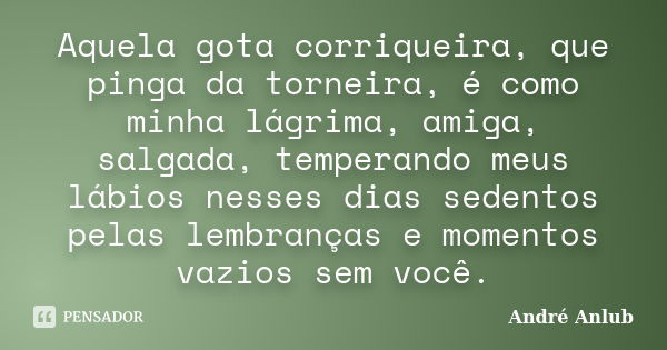 Aquela gota corriqueira, que pinga da torneira, é como minha lágrima, amiga, salgada, temperando meus lábios nesses dias sedentos pelas lembranças e momentos va... Frase de André Anlub.