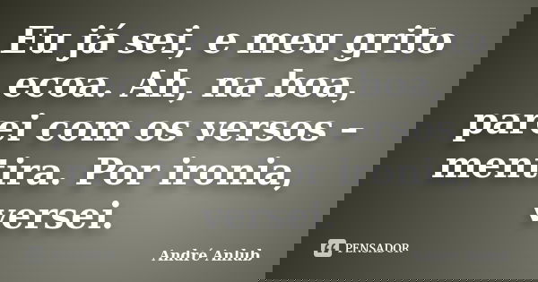 Eu já sei, e meu grito ecoa. Ah, na boa, parei com os versos – mentira. Por ironia, versei.... Frase de André Anlub.